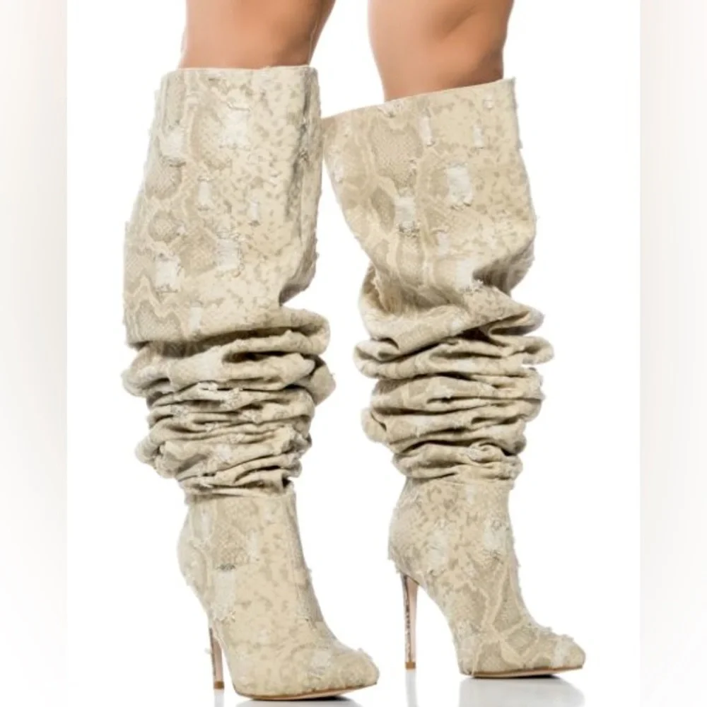 Azalea Wang Cream Ambivert Vegan Snakeskin Thigh High Boots